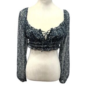 Y2K Sheer Floral Puff Sleeve Crop Top M Coquette Fairycore Romantic Lace Trim